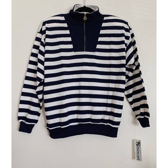 Vintage Sweaters - Navy Blue and White Vintage Silvercord 3/4 Zip Up Sweatshirt S